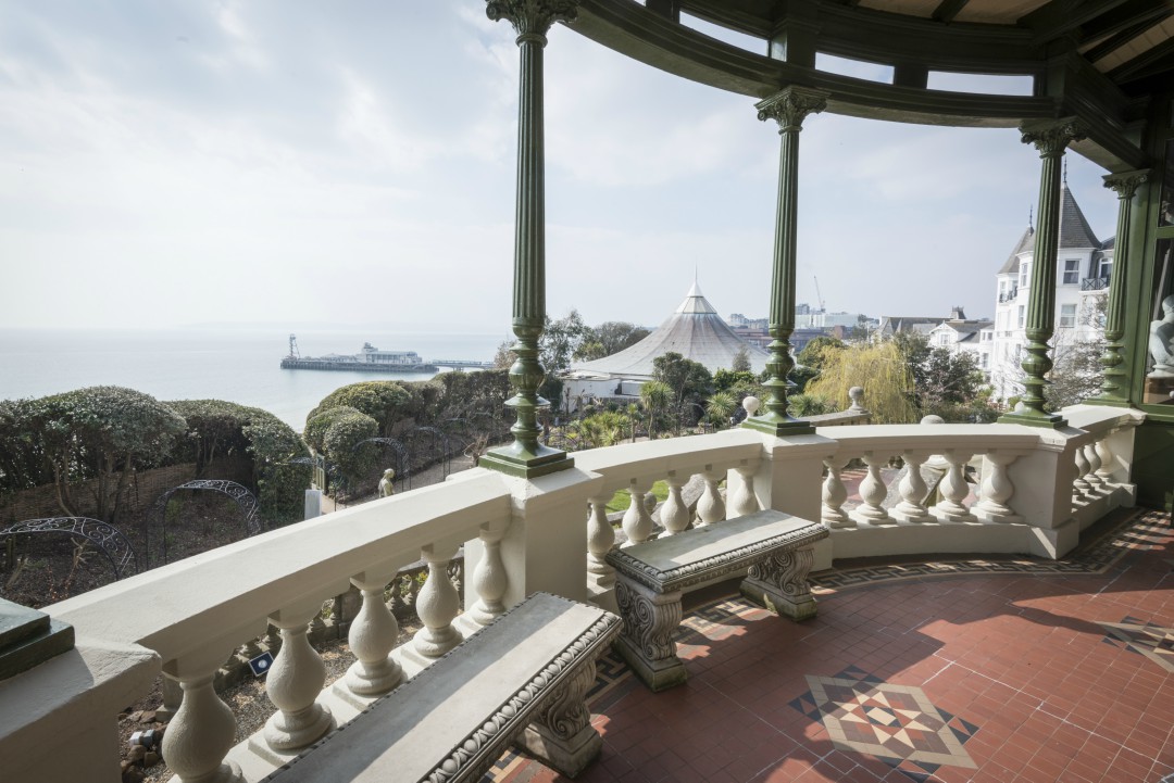 A view out to the iconic Bournemouth Pier from the balcony of the Russell-Cotes arts gallery